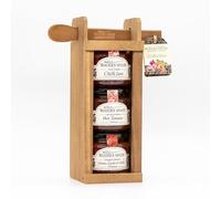 Luxury Hot Preserves Selection Gift Set, 3 Savoury Preserves & Chutneys (Hot Tomato, Chilli Jam, Onion Garlic & Chilli) 3 x 227g in Wooden Rack