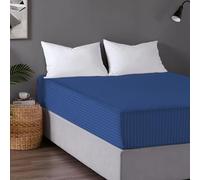 Luxury Hotel Quality Embossed Stripe Fitted Sheet, Easy Care Hypoallergenic Durable 30 cm Extra Deep Satin Stripe Fitted Bed Sheets, Blue - Double (138x190 +30) cm