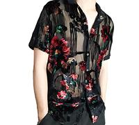 Luxury Imitate Silk Flower Transparent Shirt Men Floral Velvet Shirt Short Sleeve See Through Button Up Shirt