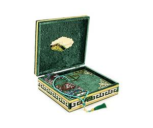 Luxury Islamic Prayer Velvet Covered Gift Box, Deluxe 4 Piece Set with Elegant Velvet Covered Quran & Prayer Beads Tesbih & Prayer Rug, Ramadan & Eid Gift, Green