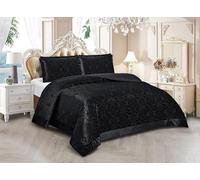 Luxury Jacquard Damask Bedspreads - Emilia Quilted Reversible Microfiber Bedspread Coverlet, Floral Embossed Bed Throw with 2 Pillowcases - Elegant Classic Bedroom Décor (Black, King)