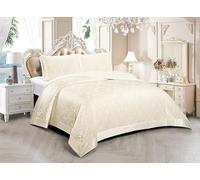 Luxury Jacquard Damask Bedspreads - Emilia Quilted Reversible Microfiber Bedspread Coverlet, Floral Embossed Bed Throw with 2 Pillowcases - Elegant Classic Bedroom Décor (Cream, Double)