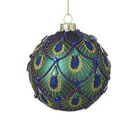 Luxury Jade Green Peacock Feather Design Round Glass Christmas Tree Bauble/Decoration - 8 cm