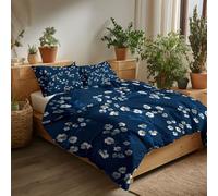 Luxury Japanese Floral Printed Cot-bed Duvet Cover Set - Reversible, Minimalist White Small Flowers Navy Blue Soft and Breathable Quilt Cover with Pillowcases Easy Care Bedding Set for All Seasons