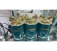 Luxury Kitchen Canister Set, Emerald Green Ceramic Storage Jars with Gold Bow Lids, Tea Coffee Sugar Containers, 3-Piece