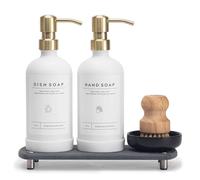 [Luxury] Kitchen Soap Dispenser Set - 16OZ White Glass Bottle, Stainless Steel Pump, Instant Dry Tray, Waterproof Labels, Non-Slip Silicone Pad, and Dish Brush | Upgrade for Your Kitchen and Bathroom