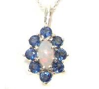 Luxury Ladies Solid 925 Sterling Silver Natural Opal & Blue Sapphire Cluster Pendant Necklace