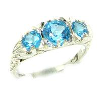 Luxury Ladies Solid 9ct White Gold Natural Blue Topaz Victorian Trilogy Ring - Size L