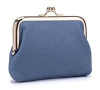 Luxury Leather Coin Purse with Kiss Lock Frame, Small Wallet for Women, Genuine Cowhide Card Holder, Multiple Colors (Blue)