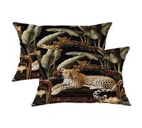 Luxury Leopard Print Pillow Covers Set of 2, Black and Gold Tropical Wildlife Theme Spring Decorative Cushions for Living Room, Elegant Leaves Throw Pillows for Home Sofa Couch Decor 12x20 Inch