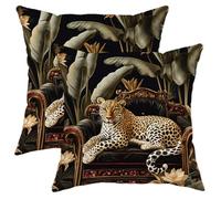 Luxury Leopard Print Pillow Covers Set Of 2, Black And Gold Tropical Wildlife Theme Spring Decorative Cushions For Living Room, Elegant Leaves Throw Pillows For Home Sofa Couch Decor 16x16 Inch