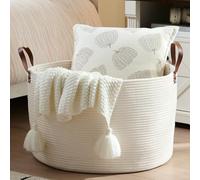 Luxury Little Extra Large Nursery Storage Basket, 22 x 22 x 14 inches - 100% Cotton Rope with Leather Handles, Laundry Basket for Toys, Blankets & Pillows - Off White