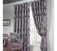 Luxury Living Floral Eyelet Ring Curtain Pair Lined Blackout Thermal Efficient Purple 90x90, Polyester