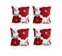 Luxury Living Set Of 4 Poppy Floral Chenille Cushion Covers With Polyester Filled Pads - Red, Red