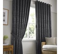 Alan Symonds Dupion Charcoal Leaf Jacquard Ring Top Eyelet Curtains 117 x 137cm - Size: W 117 x D 137cm - Wilko