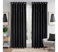 Luxury Living Triple Woven Blackout Velvet Ring Top Curtains With Cascading Diamante Studs 168Cm X 183Cm Black