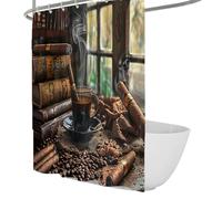 Luxury Lounge Bathroom Decor Shower Curtain Elegant Still Life Design Shower Curtain - Vintage Books Steaming Coffee and Scattered Beans 90 x 180 cm