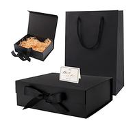 Luxury Magnetic Gift Box,Rectangle Gift Box with Magnetic Lids,Silk Ribbon,Greeting Card,20 Grams Shredded Tissue Paper and Paper Gift Bag Folded Gift Boxes for Present Birthdays Anniversary Black