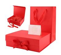 Luxury Magnetic Gift Box,Rectangle Gift Box with Magnetic Lids,Silk Ribbon,Greeting Card,20 Grams Shredded Tissue Paper and Paper Gift Bag Folded Gift Boxes for Present Birthdays Anniversary Red