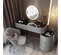 Luxury Makeup Vanity Set with Mirror & Chair, High Gloss Tempered Top, 6 Drawers & Side Cabinet, Elegant PU Leather Texture, Stylish White Dressing Table for Bedroom