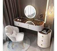Luxury Makeup Vanity Set with Mirror & Chair, High Gloss Tempered Top, 6 Drawers & Side Cabinet, White PU Leather Texture, Elegant Dressing Table for Bedroom