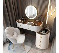 Luxury Makeup Vanity Set with Mirror & Chair, High Gloss White Dressing Table, 6 Drawers & Side Cabinet, Elegant PU Leather Texture, Stylish Bedroom Furniture