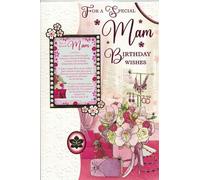 Luxury Mam Birthday Card with Keepsake Plastic Poem - 9x6 Inch Large Floral Design - Special Mum Birthday Wishes Card with Attached Keepsake Gift