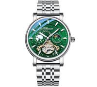 Luxury Mens Automatic Watch Luminous Starry Sky Dial Tourbillon Silver Stainless Steel Case Leather Strap 12/24 Hours Waterproof Moon Phase Watches, Green with Steel, LUXURY