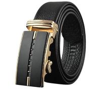 LUXURY MEN'S LEATHER BELT BOXED Automatic Ratchet Buckle Belts in a Variety of Colours 1.5'' (35mm) Wide Fully Adjustable to Fit Any Waist Size up To 42'' (Gold & Black)(Size: Small to Extra Large)