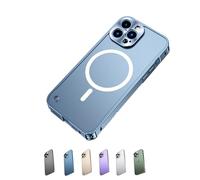 Luxury Metal Border Shockproof Case for iPhone 15/14/13/12 Pro Max Plus, Metal Frame Lens Protective Translucent Frosted Case with Lens Protective Back Covers (12Pro,Blue(Magnetic))