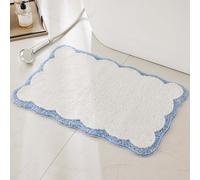 Luxury Microfiber Bathroom Rugs, Small White Bath Rug with Blue Scalloped Piping Cute Aesthetic Preppy Bath Mat for Bathroom, Tub, Floor Carpet, Sink, Shower, Anti Slip, Absorbent, 26x16
