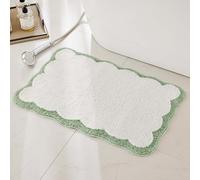 Luxury Microfiber Bathroom Rugs, White Bath Rug with Sage Green Scalloped Piping Cute Aesthetic Spring Bath Mat for Bathroom, Tub, Floor Carpet, Sink, Shower, Anti Slip, Absorbent, 32x20
