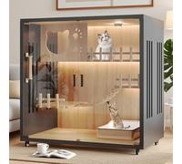 Luxury Modern Cat Villa Indoor, Large Wooden Cat House for Ventilation Doors, Multi-Feature Cat Condo with Lockable Wheels & Tempered Glass (No Litter Box) (Black, 35.4 * 35.4 * 23.6in)