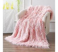 Luxury MONGOLIAN FAUX FUR Bed Sofa Throw Blanket Reversible with Sherpa Teddy Fleece Reverse 150x200 Blush
