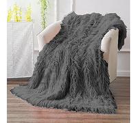 Luxury MONGOLIAN FAUX FUR Bed Sofa Throw Blanket Reversible with Sherpa Teddy Fleece Reverse 150x200 Charcoal
