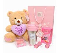 Luxury Mothers Day Hamper for Mums - Teddy Bear with Heart Cushion, Stainless Steel Travel Mug, 200g Lindt Strawberry Truffles, Scented Heart Candle & Gift Bag - Mothers Day Gift for Mum, Women