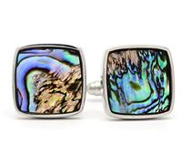 Luxury natural mother pearl abalone cuff links, 18ct white gold over steel with iridescent deep blue/green type color natural stone