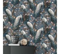 Luxury Navy Peacock Wallpaper Pink White Blossom Trees, Textured Fabric Effect Vinyl, Paste The Wall, Statement Feature Wall Lounge, Bedroom, Hallway, Bathroom, Kitchen, Full Roll 10m x 0.53m
