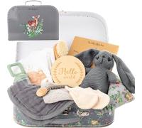 Luxury Newborn Baby Organic Gift Set Hamper Baby Shower - UK Company - Little White Deer - Neutral Boys Girls First Present Feeder Teether Baby Visual Cards