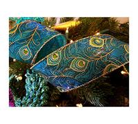 Luxury Peacock Feather Taffeta Green Teal 2.5" / 6.3cms Wide Wire Edged French Ribbon Birthdays Christmas