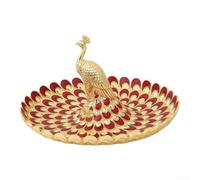 Luxury Peacock Snack Tray Metal Fruit Dish with Feather Design for Coffee Table - Elegant Party Platter 20cm(Red)