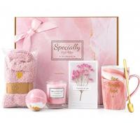 Luxury Pink Gift Box for Women - Relaxing Self Care Spa Basket with Mug, Candle, Bath Bomb & Fuzzy Socks - Unique Gifts for Mom, Wife, Girlfriend, Best Friend