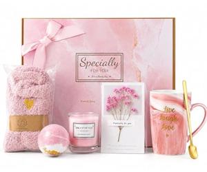 Luxury Pink Gift Box for Women - Relaxing Self Care Spa Basket with Mug, Candle, Bath Bomb & Fuzzy Socks - Unique Gifts for Mom, Wife, Girlfriend, Best Friend