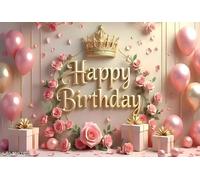 Luxury Pink & Gold Happy Birthday Printed Backdrop | Elegant Balloon & Floral Party Decoration | Royal Crown Theme Birthday Banner | Photography Background for Girls' Celebration & Event Decor