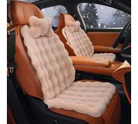 Luxury Plush Car Seat Cushion Set, Soft Fluffy Warm Faux Rabbit Fur Non-Slip Front and Back Seat Covers Fuzzy Car Seat Cushion for Winter Universal Fit (Beige, Front Seat Covers & Neck Pillows( 6pcs))