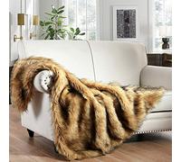Luxury Plush Faux Fur Throw Blanket in Golden Yellow with Black Tips - Super Warm Fuzzy Elegant Fluffy Decoration for Sofa, Armchair, Couch and Bed, 125 x 150cm