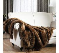 Luxury Plush Faux Fur Throw Blanket - Long Pile Brown with Black Tipped, Super Warm, Fuzzy, Elegant, Fluffy Decoration for Sofa, Armchair, Couch and Bed, 125 x 150cm
