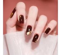 Luxury Press-On Nails, Burgundy with Gold Foil Accents, Square Shape, Glossy Finish, Elegant Manicure Set (xs)
