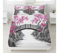 Luxury Printed Bridge Cherry Blossom Rocks Stream Fitted Sheet Ink Wash Deep Fitted Sheet Oriental Classical Romantic Serene Deep Corner Elasticated Bed Sheet for Adults - Pink - 135 x 190 x 30