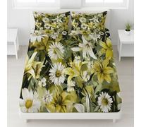 Luxury Printed Daisies Lilies Fitted Sheet Retro Watercolour Illustration Deep Fitted Sheet Floral Sunny Countryside Bright Deep Corner Elasticated Bed Sheet for Girls - Green - 152 x 200 x 30